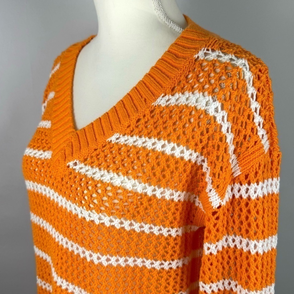 Talbots Open Knit Crochet Tunic Sweater Orange Stripes Cotton Med Pet Beach - Picture 5 of 10